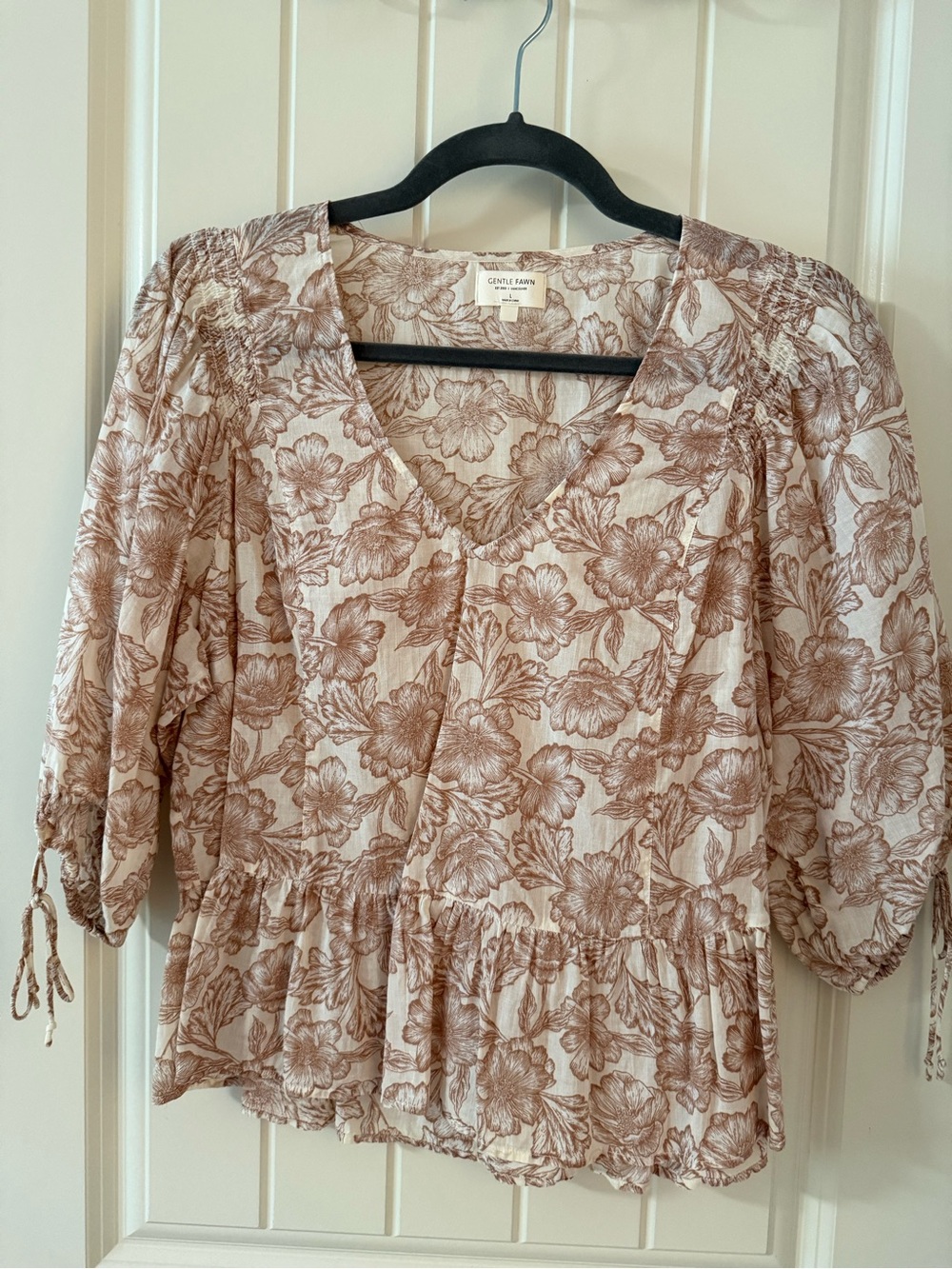 Gentle Fawn Cream and Brown Floral V-Neck Peplum Top